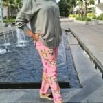 pantalon en lin imprimé floral rose femme