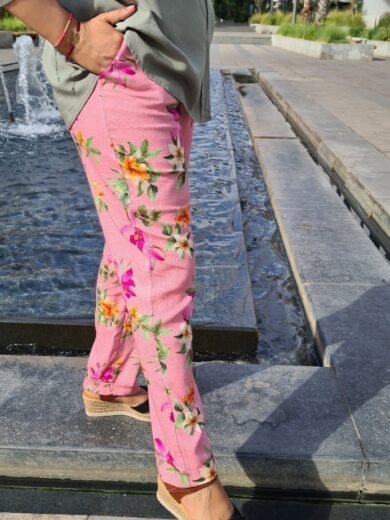 pantalon en lin imprimé floral rose femme