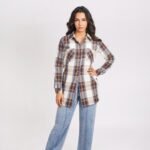 PANT JNS LARGE et Chemise Femme à Carreaux en Coton avec Poches Plaquées