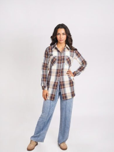 PANT JNS LARGE et Chemise Femme à Carreaux en Coton avec Poches Plaquées