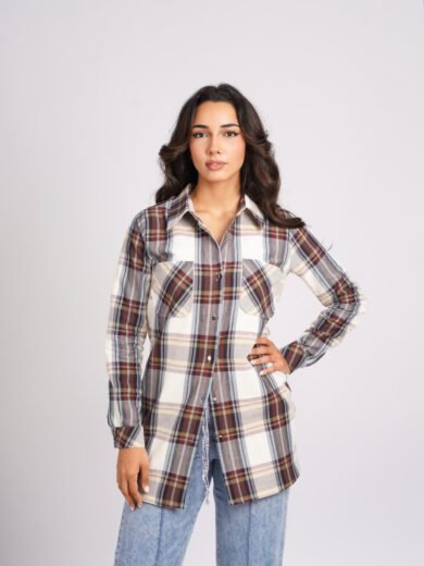 PANT JNS LARGE et Chemise Femme à Carreaux en Coton avec Poches Plaquées