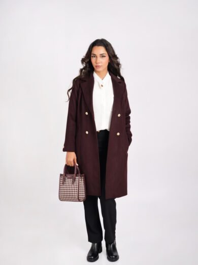 MANTEAU MARRON LAINE à Col Revers et Boutons Dorés