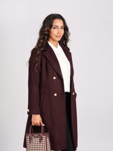 MANTEAU MARRON LAINE à Col Revers et Boutons Dorés